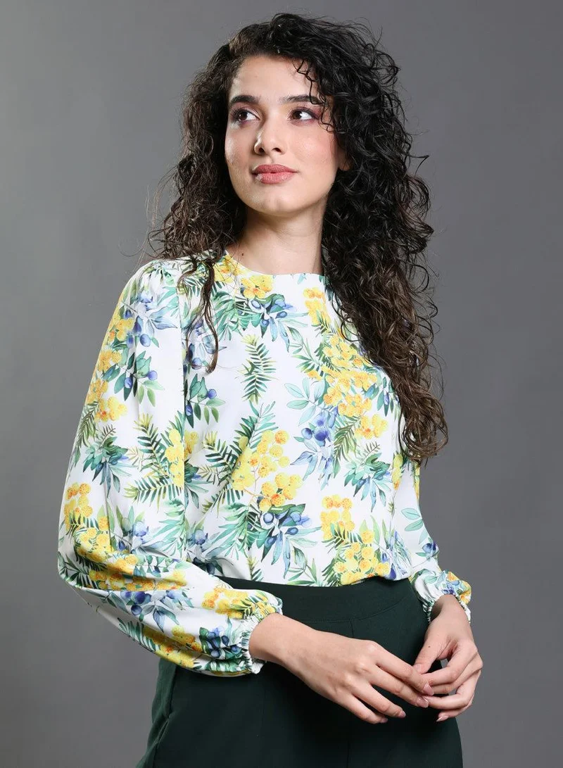 زجزاج Yellow Floral Elastic Sleeve Top